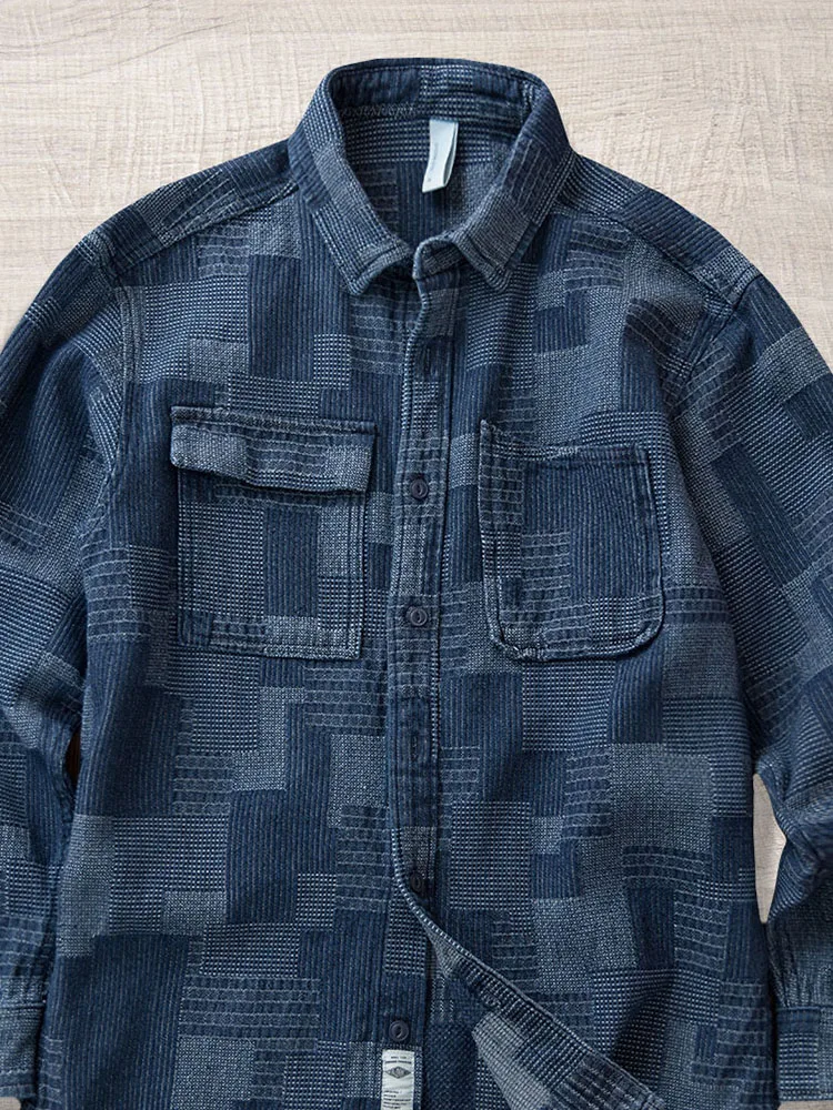 

Heavyweight Retro Japanese Style Men's Long Sleeve Loose Patchwork Embroidery Denim Shirt Jacket Outerwear Cotton Polyester B...