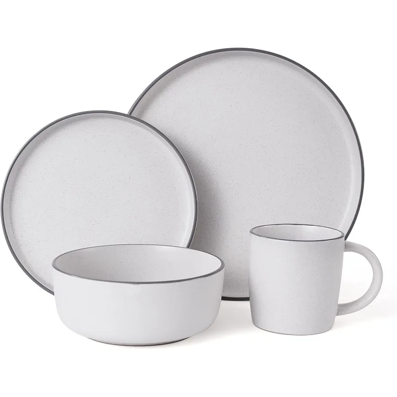 Dish Set for 4, Kitchen Plates and Bowls Set with Mugs, Microwave, Oven & Dishwasher Safe, White Sesame 16 Pieces