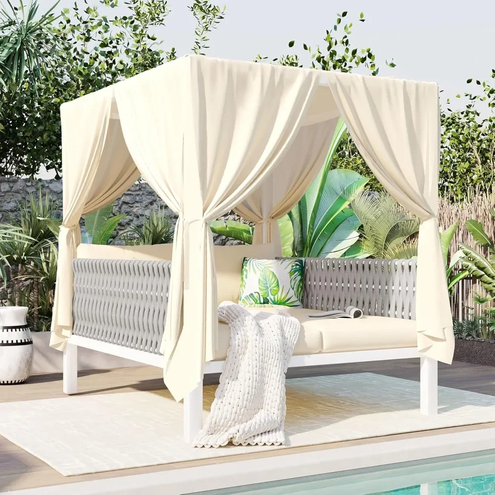 

Outdoor Patio Daybed With Soft Thick Cushions, Two Pillows And Curtains For Outside Pool|