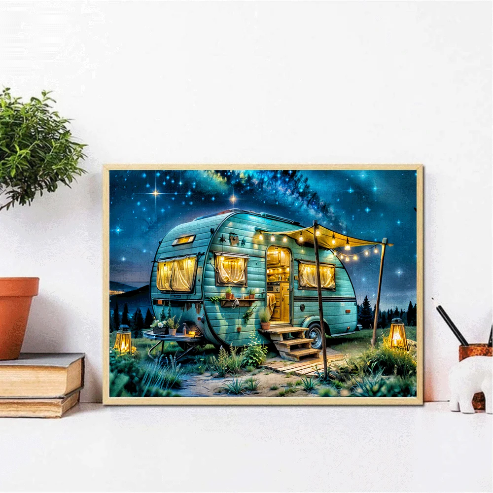 1000ピース ヴィンテージ キャンピングトレーラー ジグソーパズル - ティール色のトレーラーと星空が描かれた、大人と家族向けの大きな挑戦的なパズル