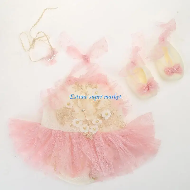 

090B Baby Photography Props Lace Romper for Newborn Photoshoot Dress Headbands Shoe