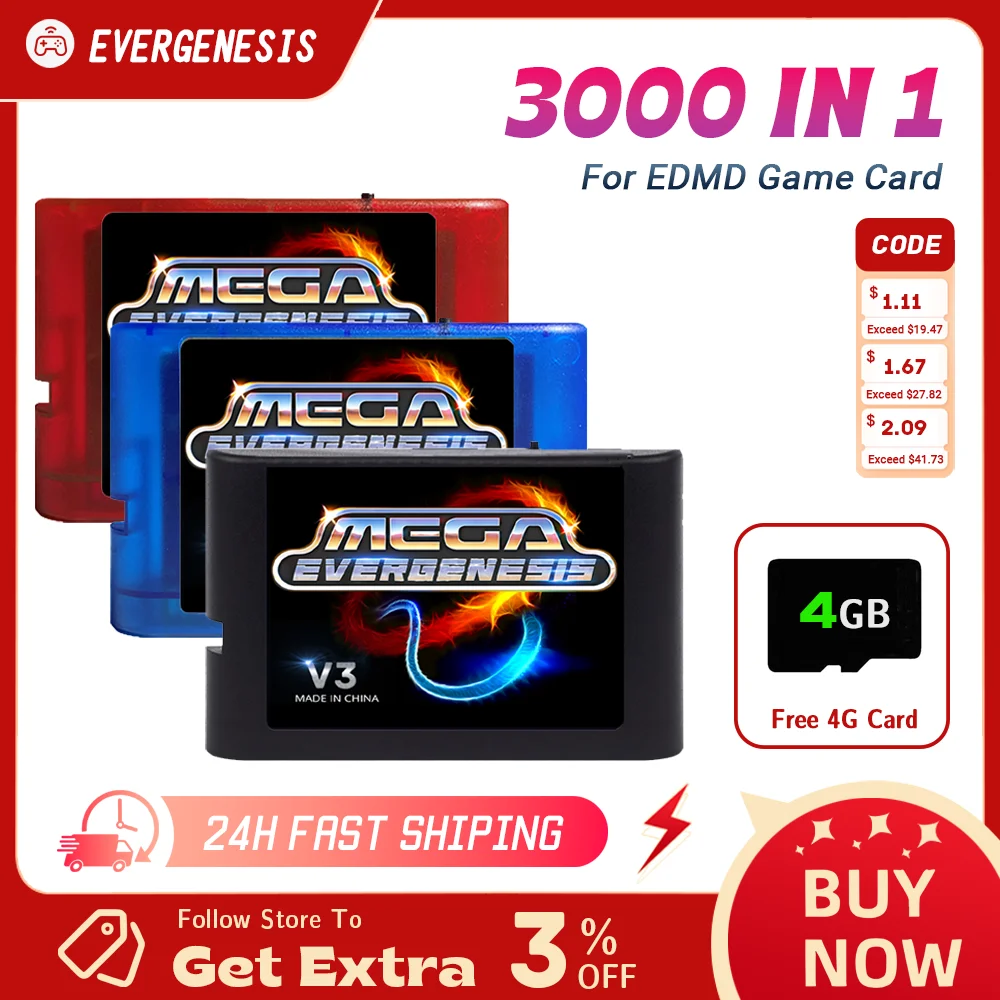 EVERGENESIS Mega Drive V3 Pro 3000 in 1 EDMD Remix MD Game Card for SEGA US/JP/EU 16-bit Video Game Console MD Flash card