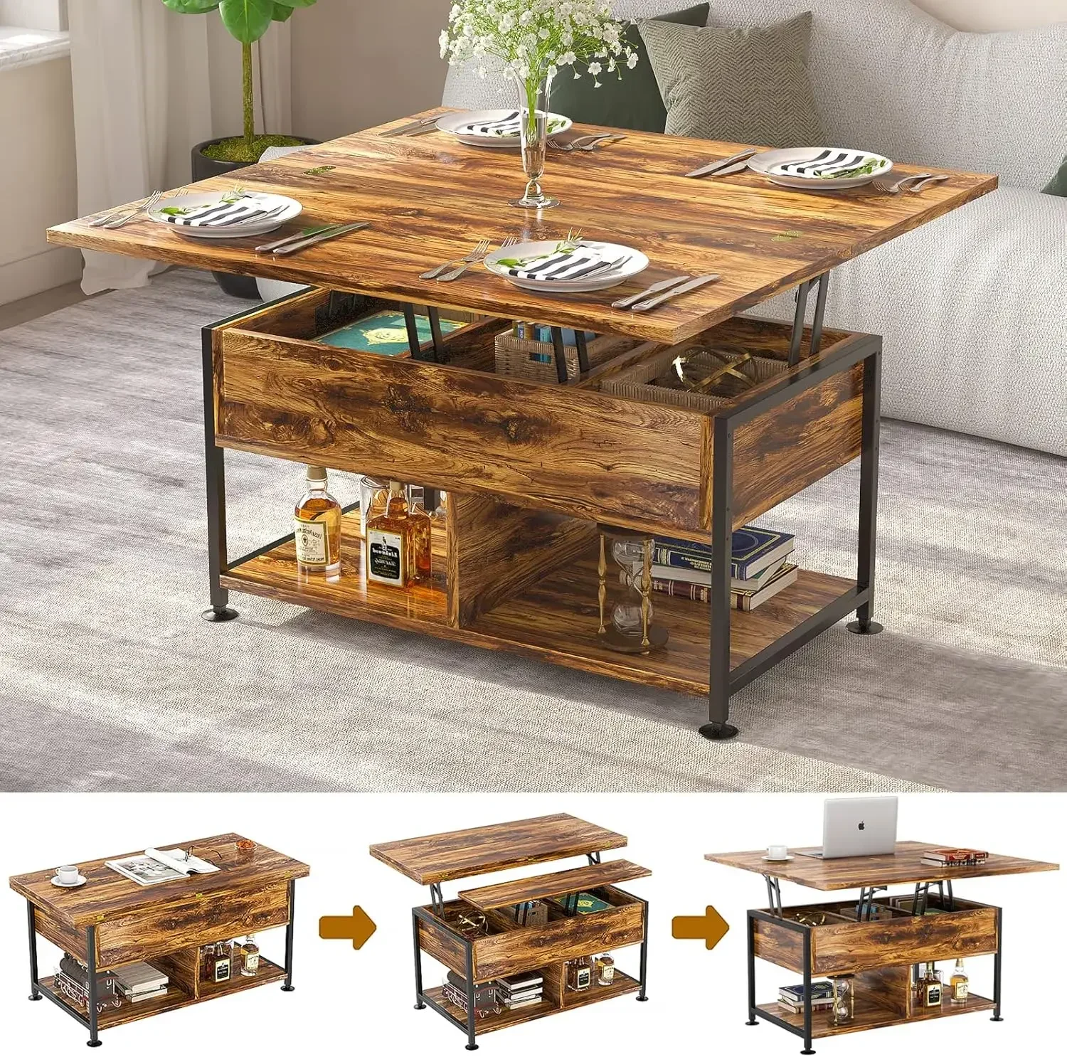 Lift Top Coffee Table,4 in 1 Multi-Function,Modern Lift Tabletop Dining Table for Living Room Reception/Home Office,Rustic Brown