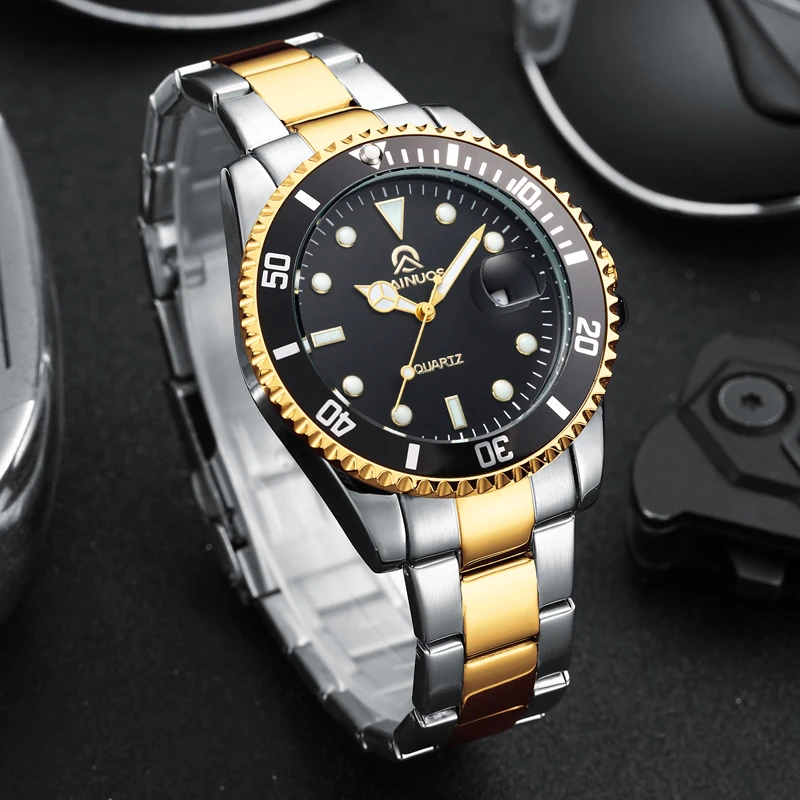 

Мужские часы, кварцевые, зеленые, золотые, серия дайверов, часы из нержавеющей стали, водонепроницаемые часы с календарем, деловые роскошные часы Reloj Hombre