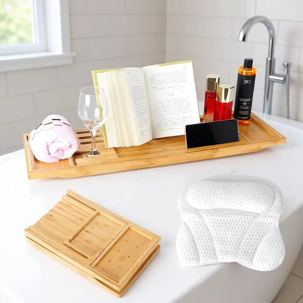 

Luxury Expandable Bathtub Tray with Cushioned Pillow, Premium Bath Accessories