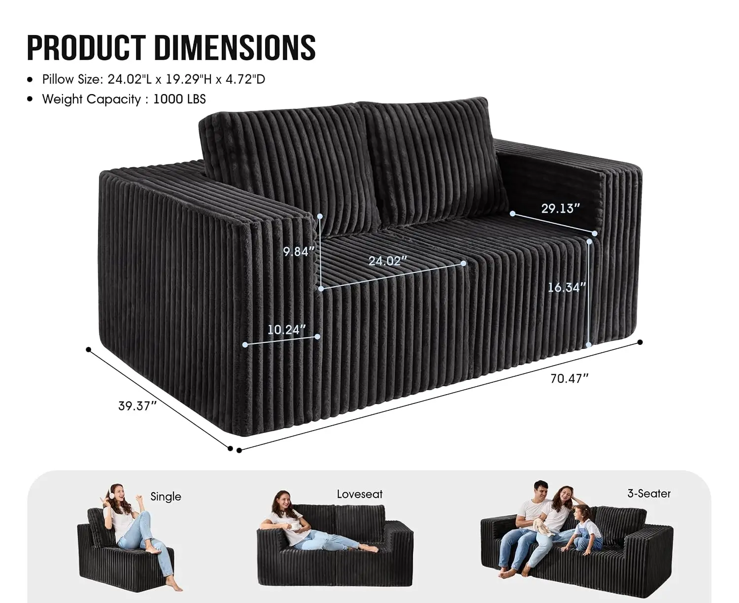 Boneless Modular Sofa Memory Foam Living Room 3 Seater, Customized