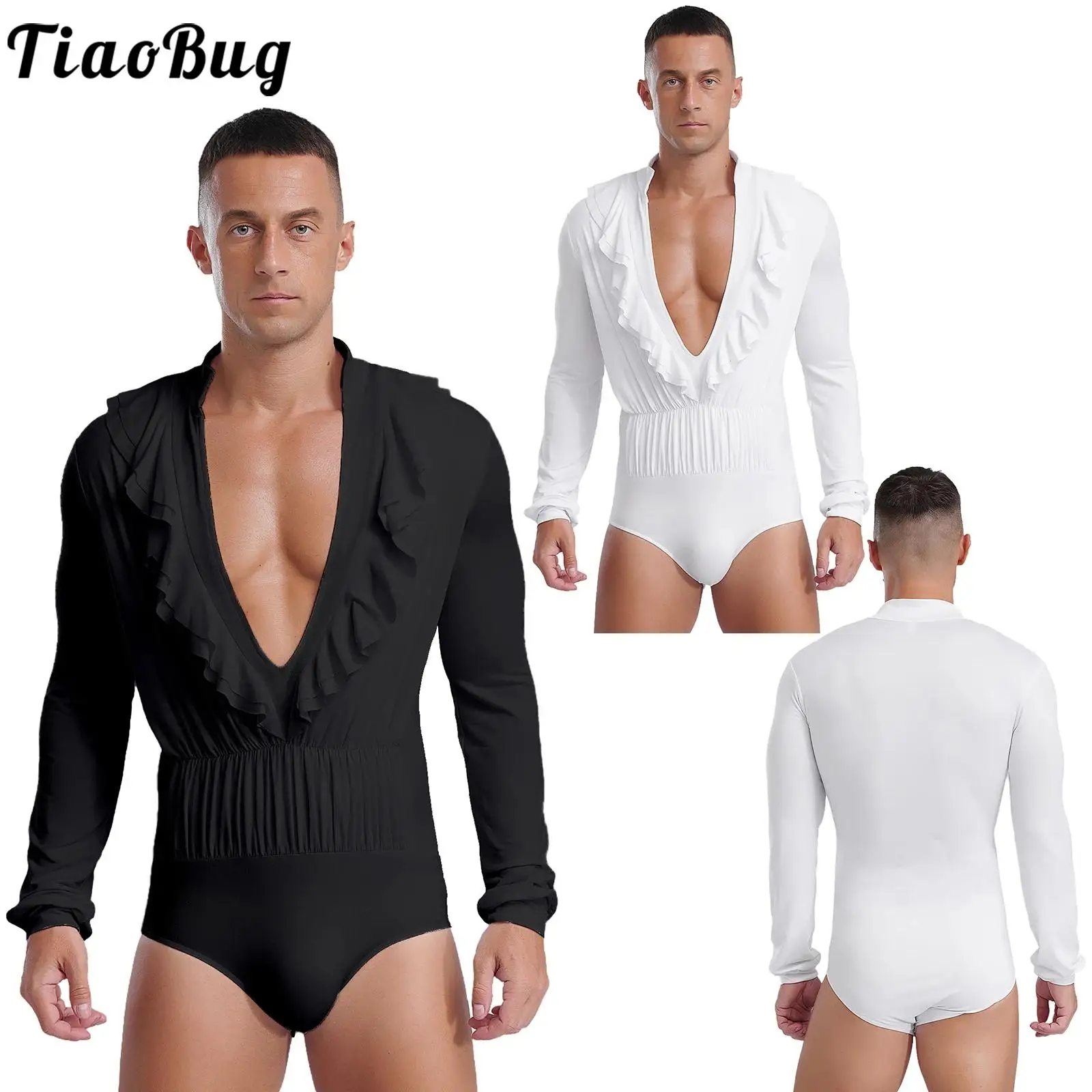 Men Latin Jazz Rumba Ballet Dance Performance Competition Costume Bodysuits Ruffles V-neck Long Sleeve Skinny Rompers Dancewear