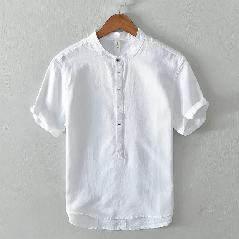 

Japanese Retro Cotton Linen Shirt Men Summer Tops Breathable Pullover White Shirt Man Short Sleeve Stand Collar Shirts Casual