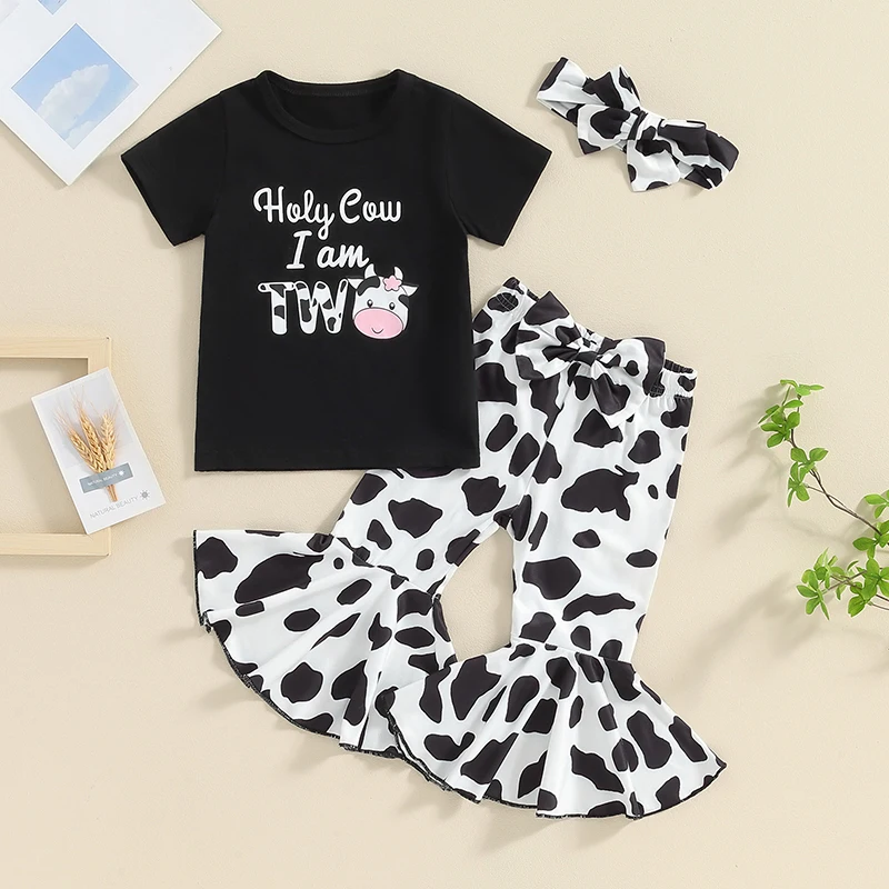 

2024-01-19 Lioraitiin Summer Baby Girl Second Birthday Outfit Tops Holy Cow I'm Two Shirts Flared Pants Set 2nd Birthday Gifts