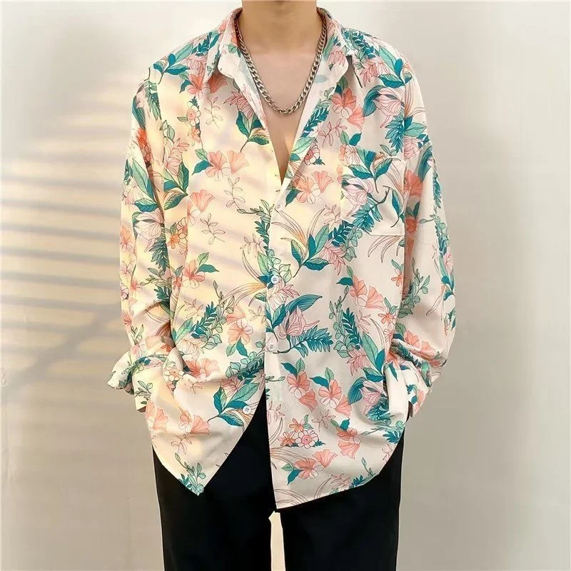 Mens Hawaiian Shirt Streetwear Hip Hop Flower Print Summer Beach Long Sleeve Shirts Men Fashion Casual Male Pocket Blouse Tops