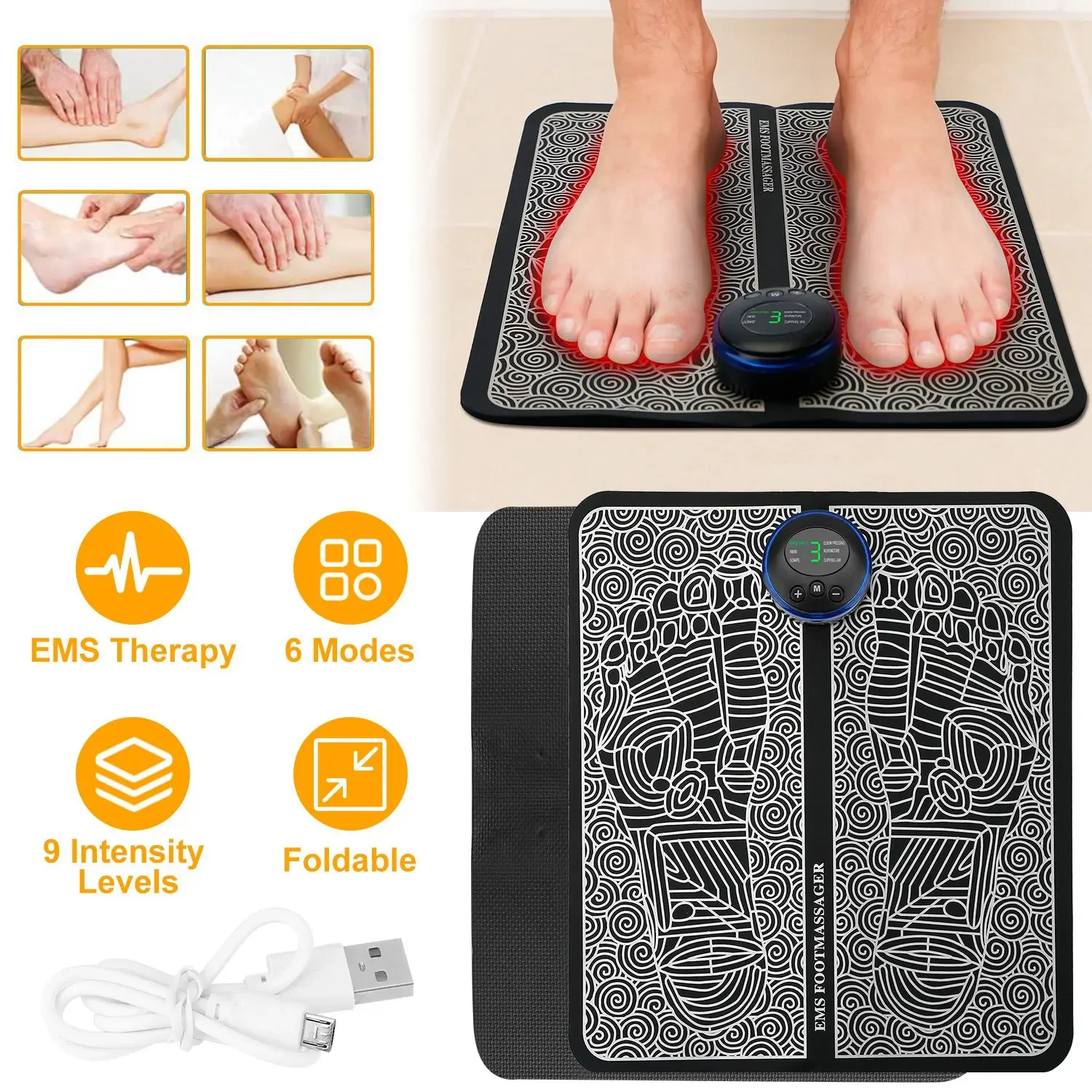 EMS Foot Massage Pad, Rechargeable, 6 Modes, 9 Intensity Levels, Muscle Pain Relax, Leg Reshaping.