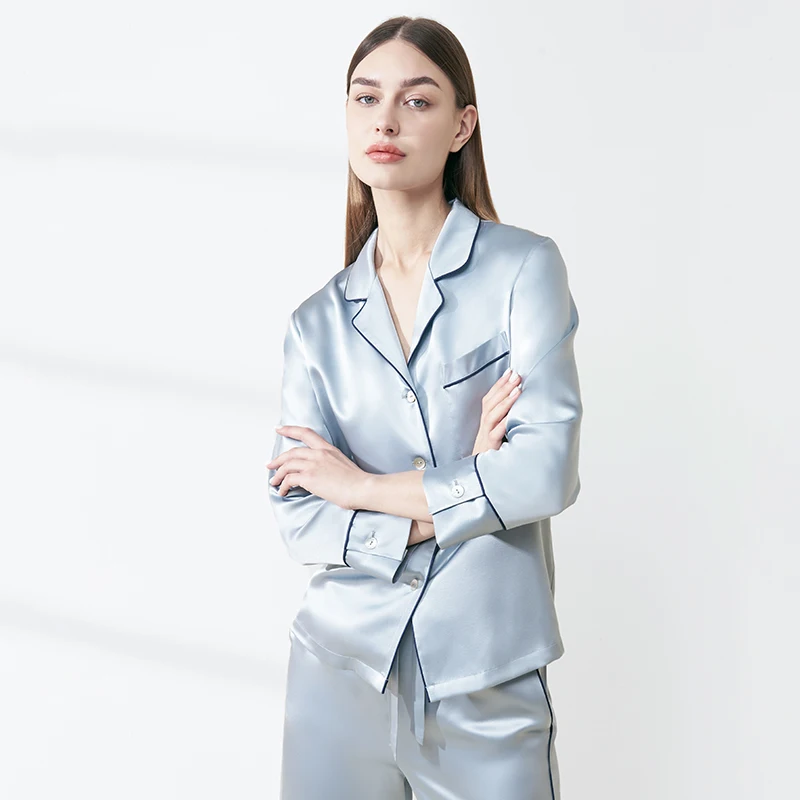 

Piped 22MM 100% Mulberry Silk Long Sleeve Trousers Sleepwear Set Pajamas Solid Button Down Lapel Loungewear Caridgan Pajama PJS