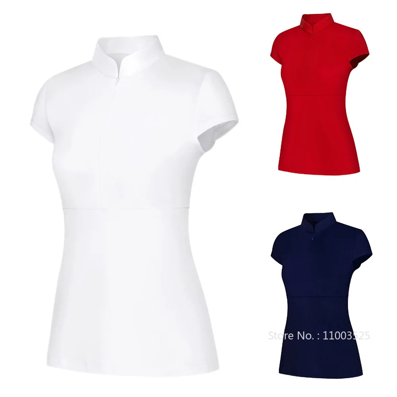 Summer Stand Collar Golf T-shirt Ladies Breathable Cap Sleeve Tops Women Slim Fast Dry Workout Shirt Back Bowknot Golf Shirt