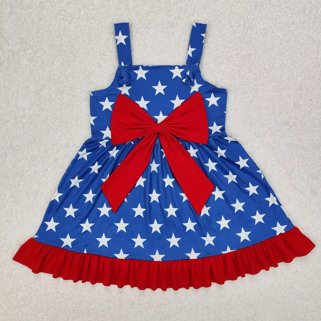 Wholesale Kids Sleeveless Stars Red Bow Dress Baby Girl July 4th Children Toddler Ruffle Straps Blue Clothes