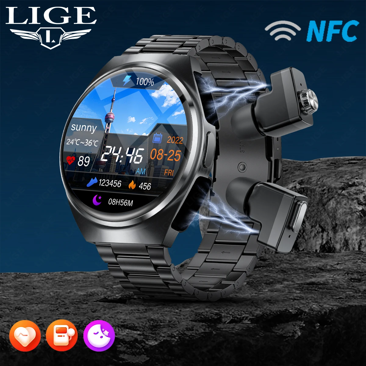 

LIGE NFC TWS Wireless Earbuds Smart Watches Heart Rate Blood Pressure Monitoring Bluetooth Call Waterproof Sports Men Smartwatch