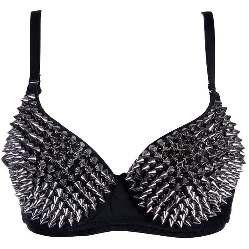 Golden Silver Women Sexy Rock Style Spike Rivet Punk Push Up Bras Nightclub Singer DJ Dance Stud Bra Underwear Burlesque Tops