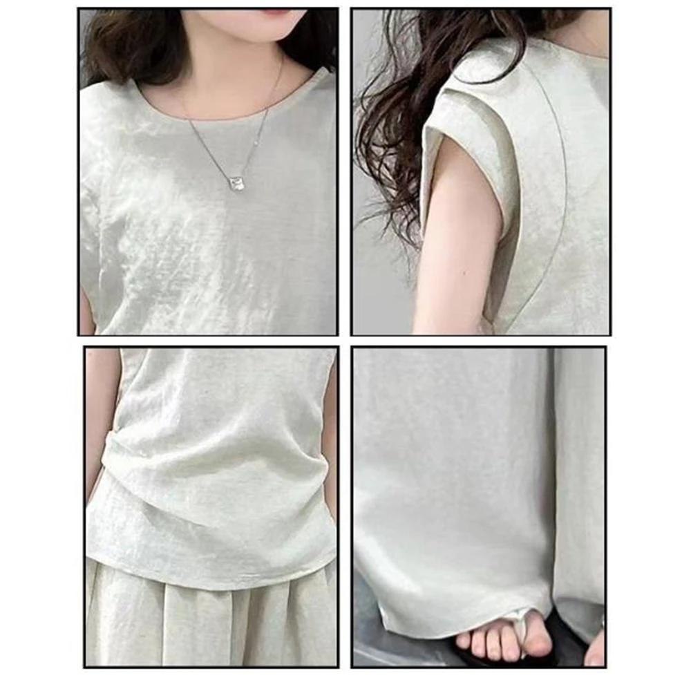 New Summer Girls Cloth Children Set Teenager Narrow Waist Short Sleeve Top T shirt + Wide Leg Long Pants 4 8 10 12 Year Apricot