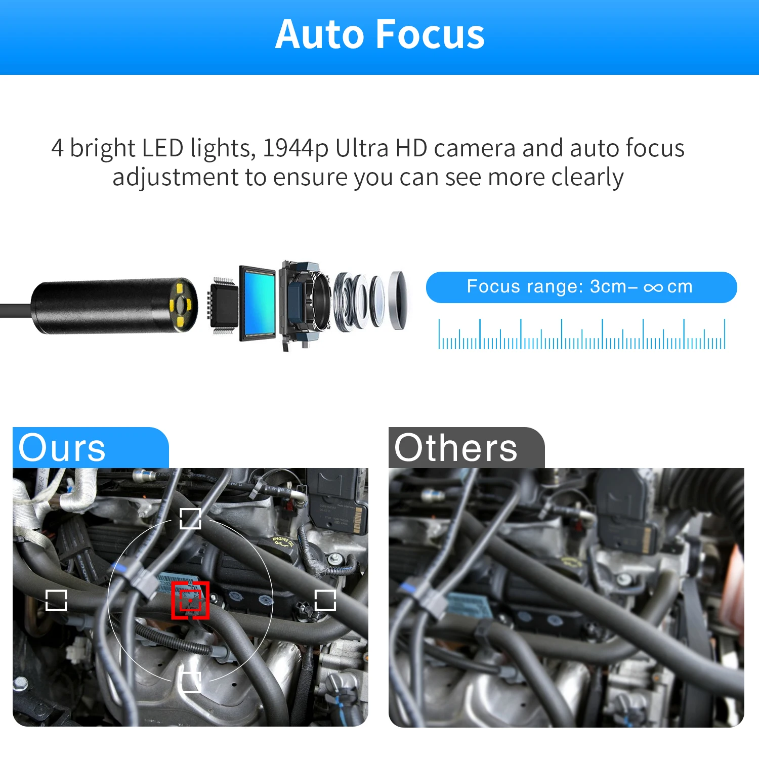 Auto Focus Endoscope 12MM 5MP Cameras Borescope For Car Pipe Inspection 1080p Mini Camera 4 Led Cables For Android And PC