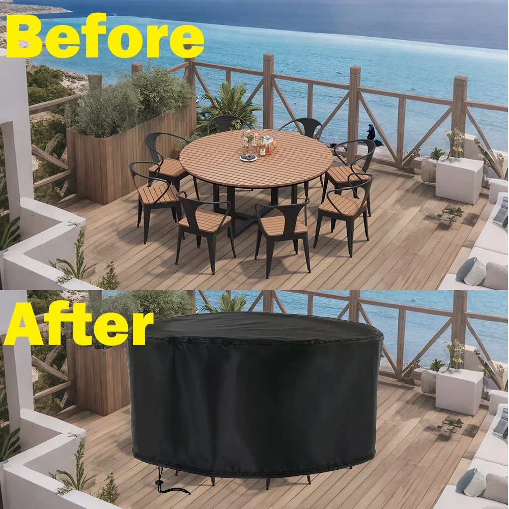 

210D Сверхмощный ветрозащитный круглый чехол для уличного стола и стула с эластичными краями и ремнями для крепления.