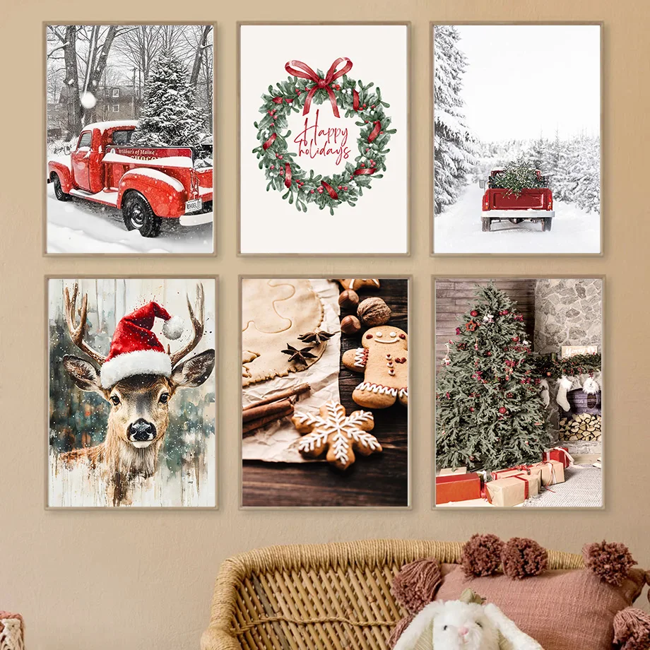 Winter Forest Snow Scene Red Truck Wall Art Poster Christmas Tree Gingerbread Man Holiday Canvas Painting for Bedroom Decoration