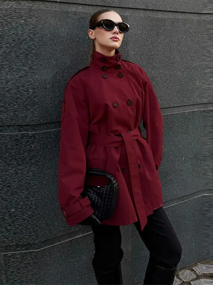 Stehkragen Doppelreihiger Kurzer Trenchcoat mit Gürtel für Damen, Street-Style mit Epauletten, Langarm, Einfarbig, Locker Geschnittene Jacke, Neue Damen-Oberbekleidung – Detail 9