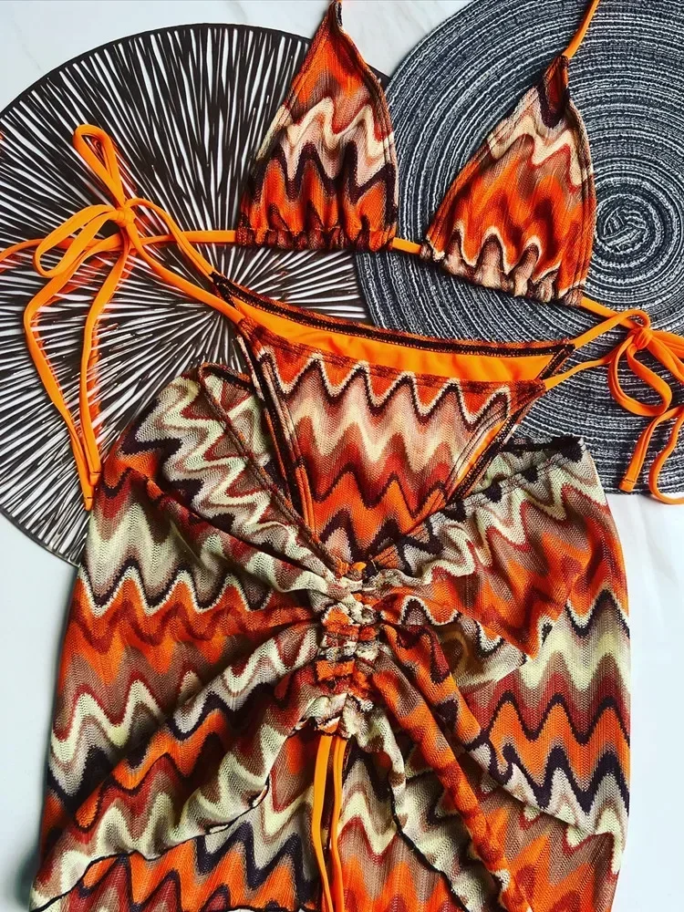 

2025 Luxury Design Women's Swimsuit Colored Maple Leaves Knitted Bikini Skirt Three-Piece Set Split Bikini Set
