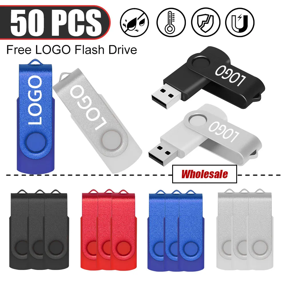 

50PCS Custom Logo Free USB 2.0 Flash Drive 4GB 8GB 16GB Pen Drive 32GB 64GB Memory Stick Wedding Gift Usb Disk