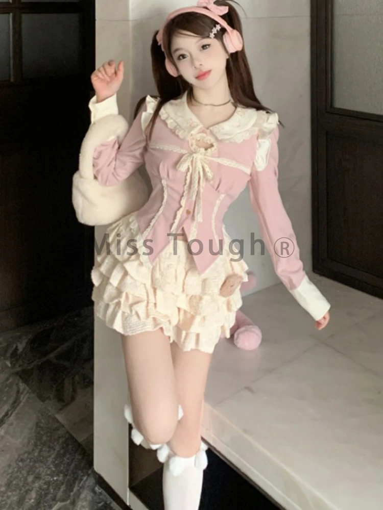 Autumn Japanese Kawaii Two Piece Set Women Hollow Out Designer Sweet Skirt Set Female Princess Ruched Cake Skirt Suit 2023 New