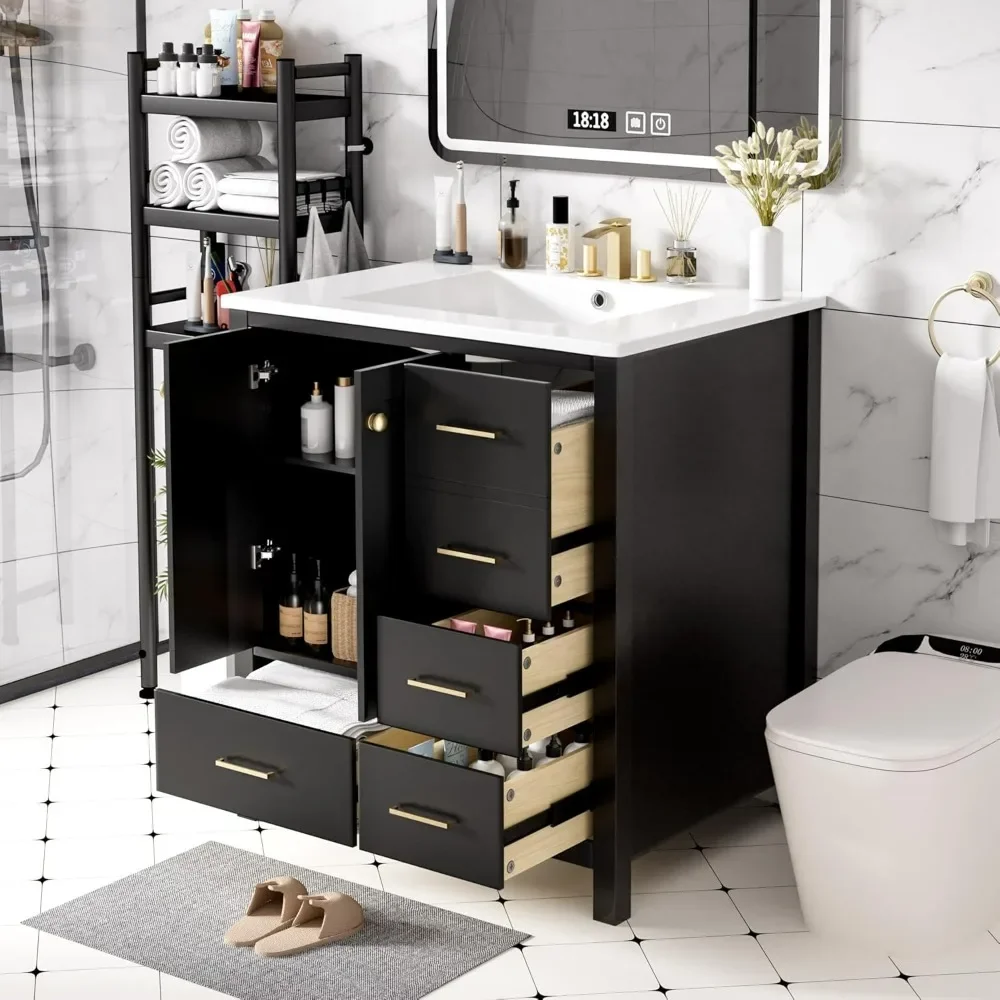 

30" Bathroom Vanity , Modern Bathroom Sink Cabinet with 2 Doors and 4 Drawers, with Undermount Resin Sink, Black