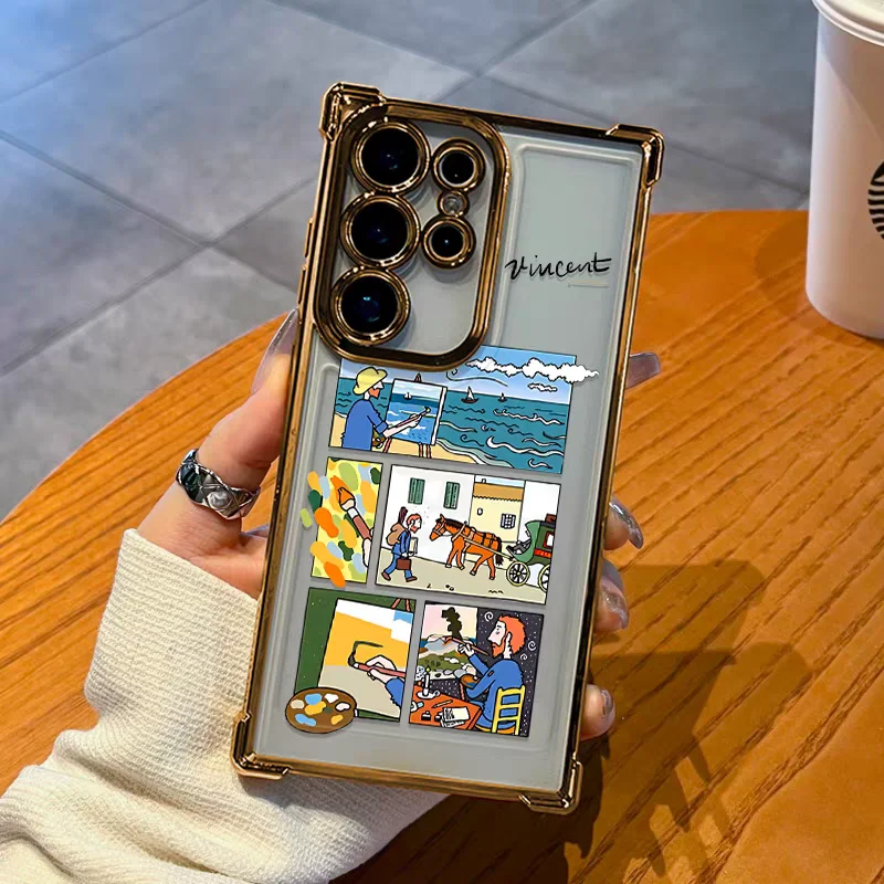 

Korean Chrome Clear Phone Case for Galaxy S25 Ultra S24 FE S23 Plus S22 S21+ Camera Protection Male Female Ins Oil Paiting Cover