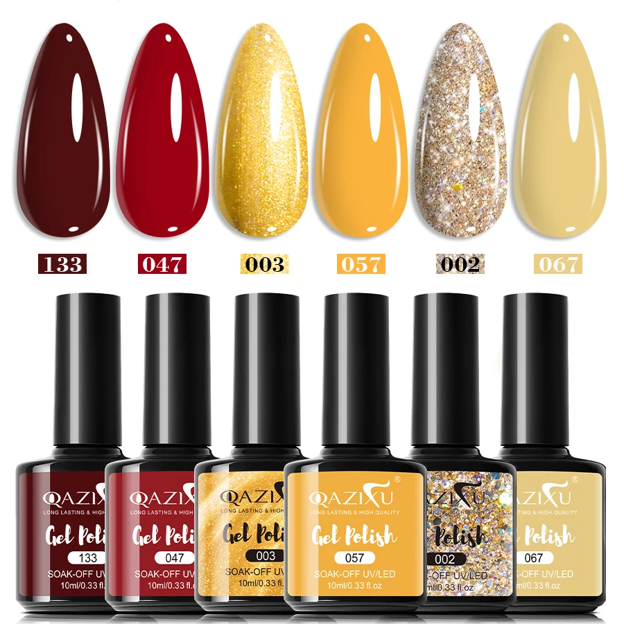QAZIXU 1/6 Farben Gel-Nagellack-Set, Gelb, Goldener Glitzer, Glänzender Funkel-Effekt, Soak-Off UV LED Semi-Permanent Nagelkunst DIY-Kit