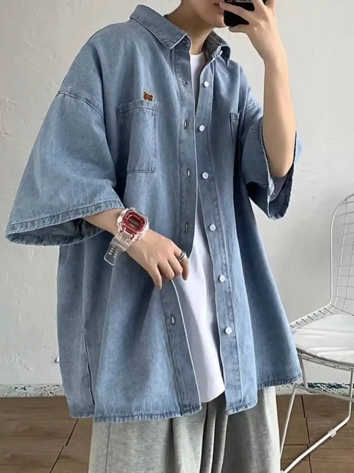 Man Cropped Denim Jackets Lapel Button Down Trucker Jean Jacket Summer Short Sleeve Casual Coat