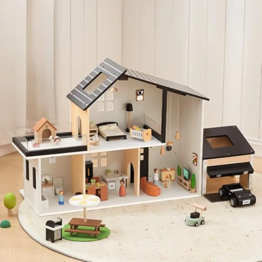 

Modern Wooden Dollhouse with Garage and 60Pcs Luxury Furniture Accessories in Brown Includes Dolls and Pet Sets Educational Toy