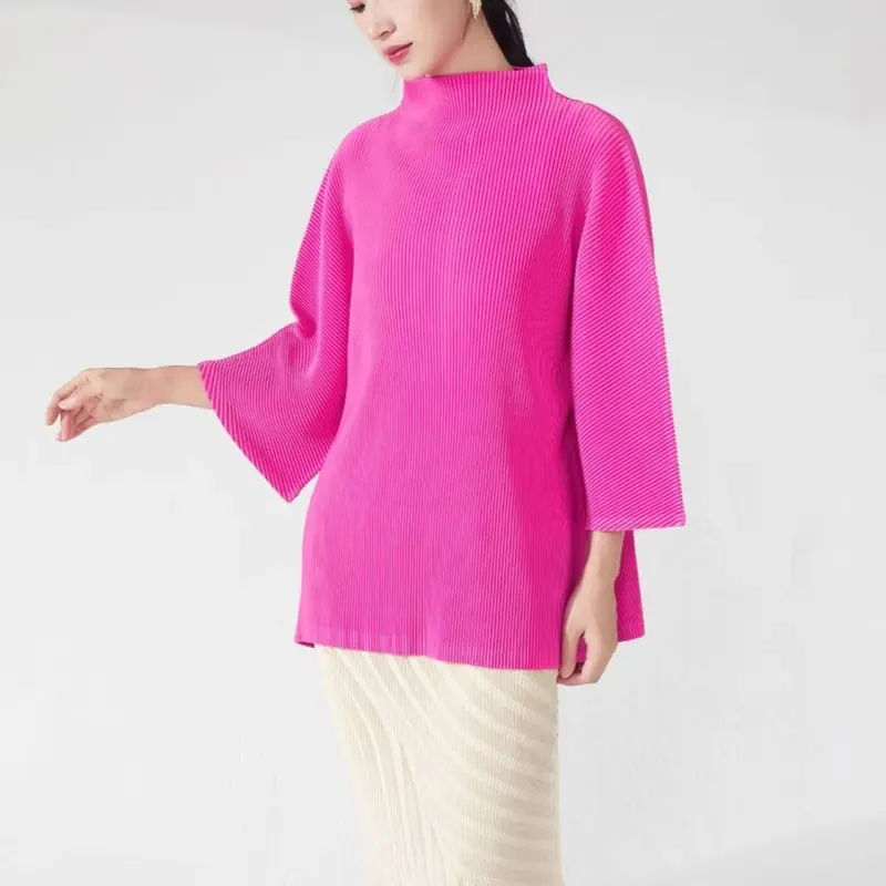 

Boutique-Style Pleated Blouse for Women 2025 Fall New Arrival Plus Size Women Loose Fit Slimming Half-High Neck T-Shirt