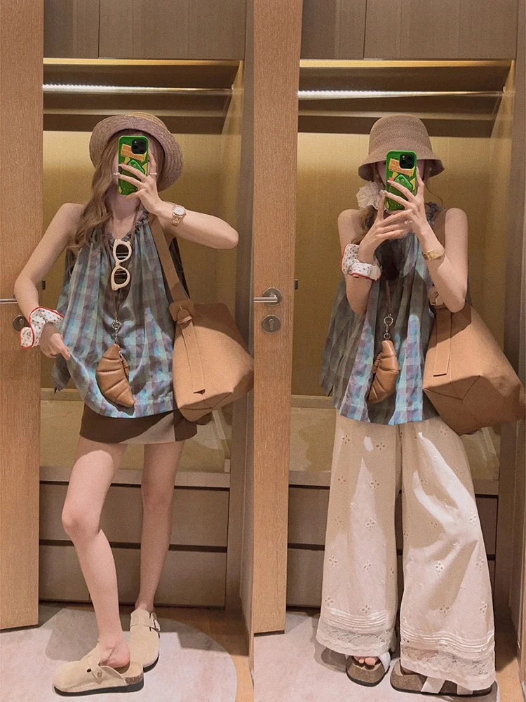 

Женская летняя корейская блузка Yukiss Svel в клетку с завязками на шее, свободного кроя, утягивающая, маленького размера, в стиле кукольного фасона