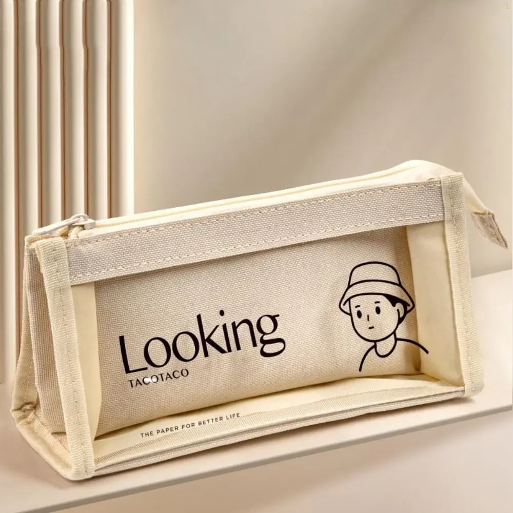 Multi Layer Canvas Transparent Pencil Case Minimalist Style Japanese Cartoon Pencil Pouch Zipper Stationery Holder Bag