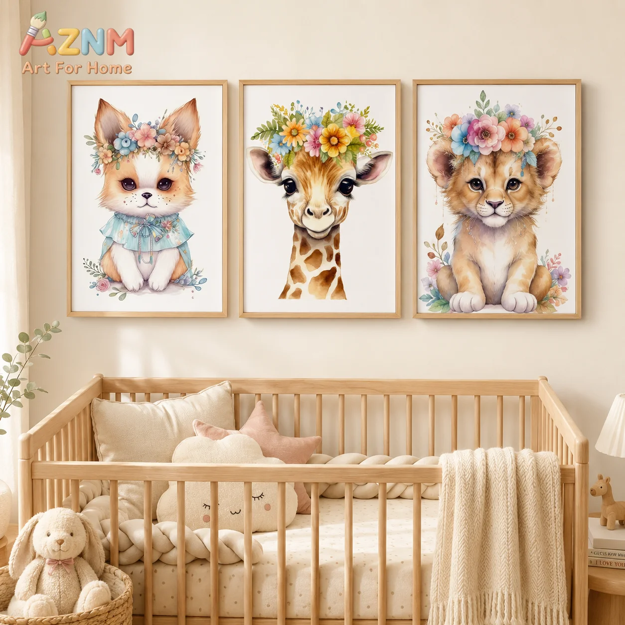 AZNM Unframed Canvas Print Watercolor Floral Animal Wall Art Cute Giraffe Fox Lion Nursery Home Decor Poster