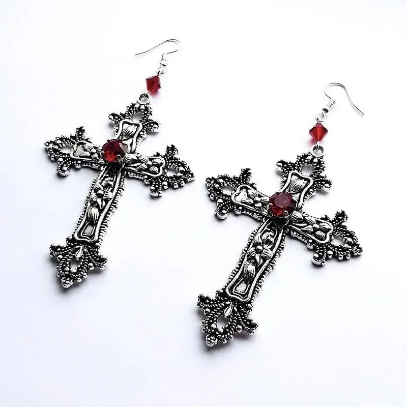 Goth Large Detailed Cross Black Drill Jewel Earrings Silver Color Gothic Punk Jewellery Fashion Gorgeous Statement Women Gift