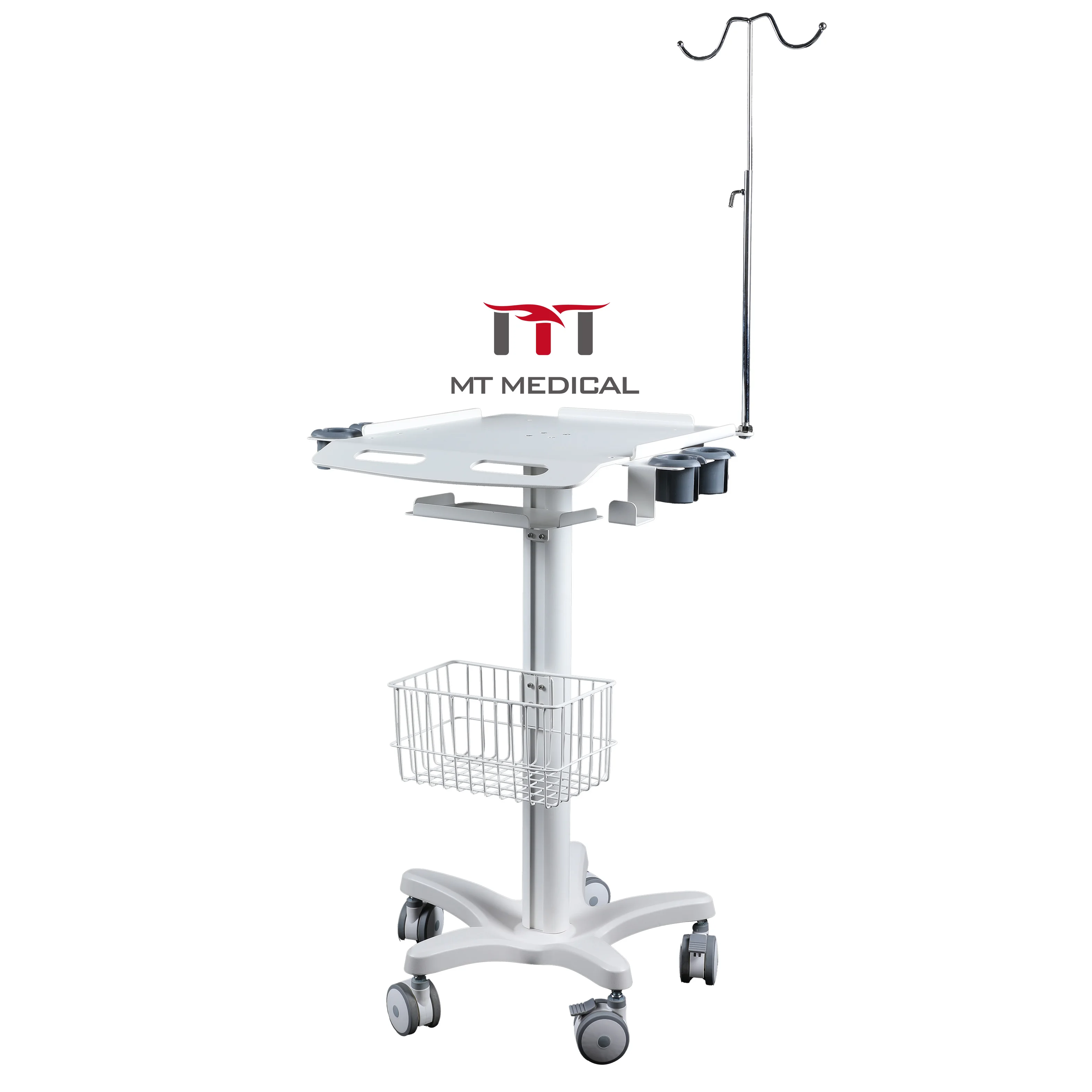 MT MEDICAL Wheeled Medical Trolley With IV Pole For Hospital Ultrasound Patient Monitor Instrument Storage