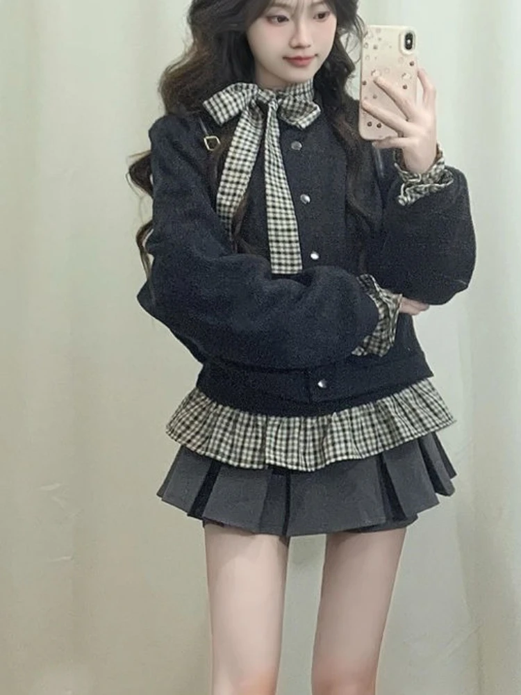 

American Vintage Sweet Women 3 Piece Set Retro Short Cardigan +Chic Plaid Shirt + Pleat Skirt Fashion Y2k Korean Popular Clothes