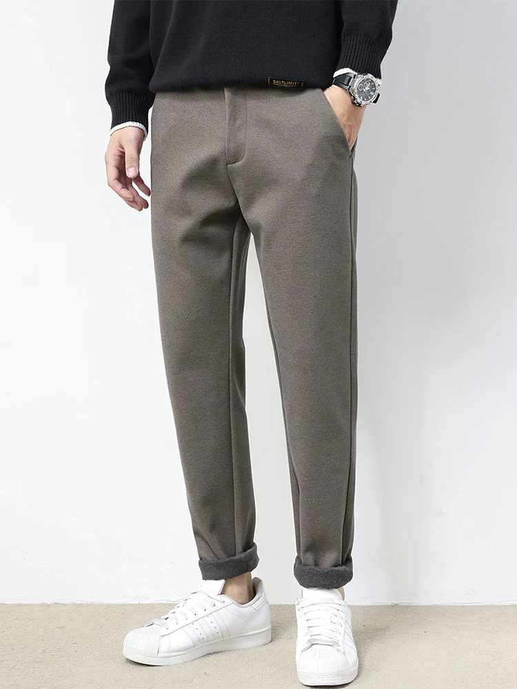 

Новые мужские шерстяные деловые повседневные брюки, модные тонкие прямые эластичные удобные брюки, классическая темно-серая черная мужская одежда
