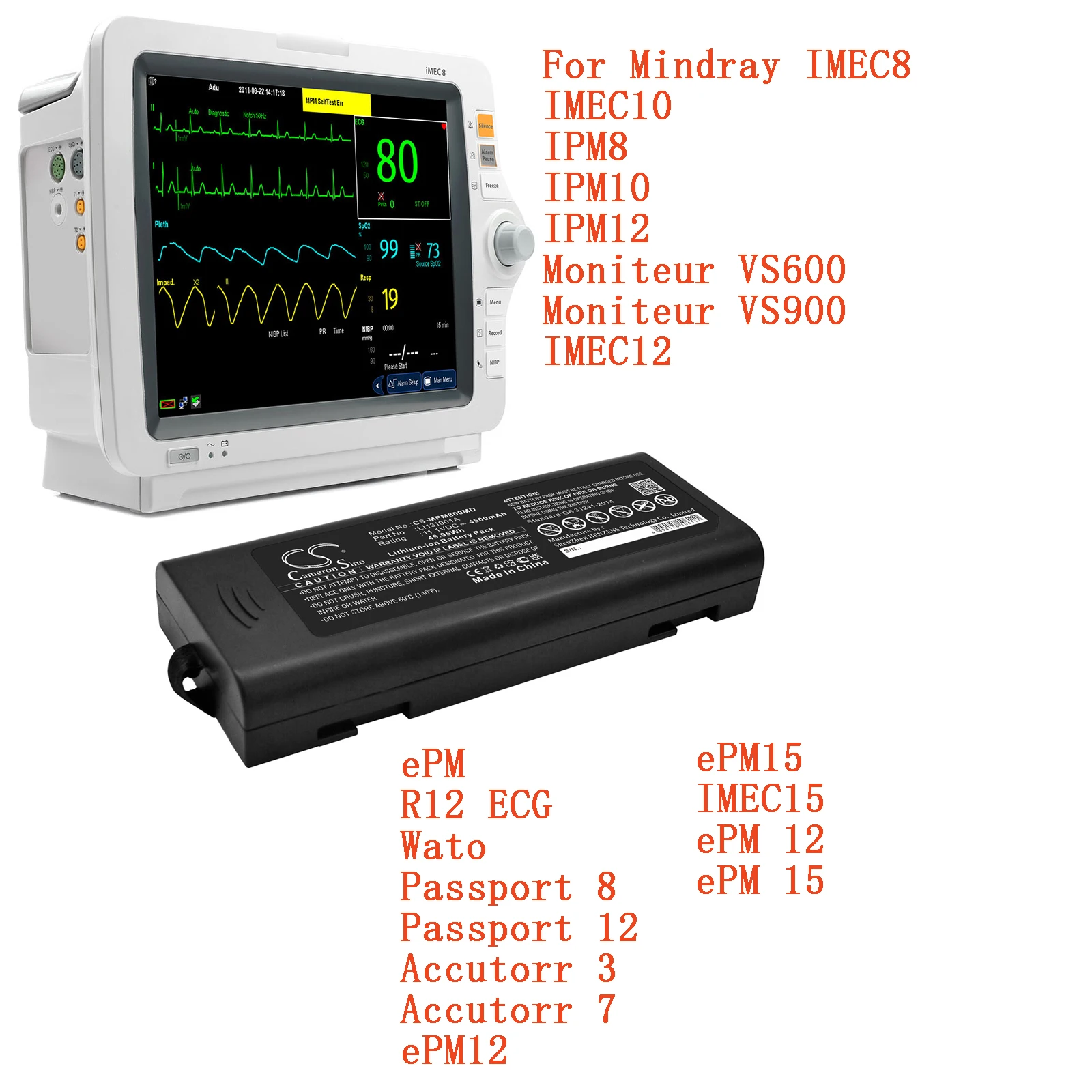 Cameron Sino Medical Battery for Mindray IMEC8 IMEC10 IPM8 IPM10 IPM12 Moniteur VS600 Moniteur VS900 IMEC12 ePM R12 ECG Wato