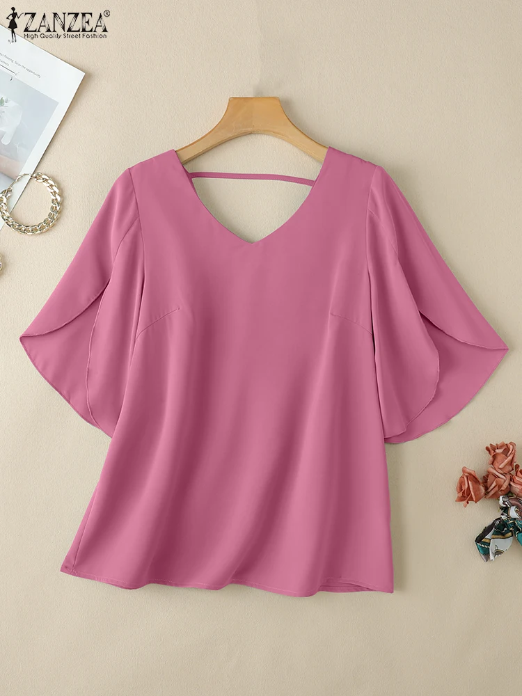 

2025 ZANZEA Women Solid OL Work Blouses Summer Tops Elegant Short Sleeve Officewear Blusas Casual V Neck Holiday Shirt Oversize