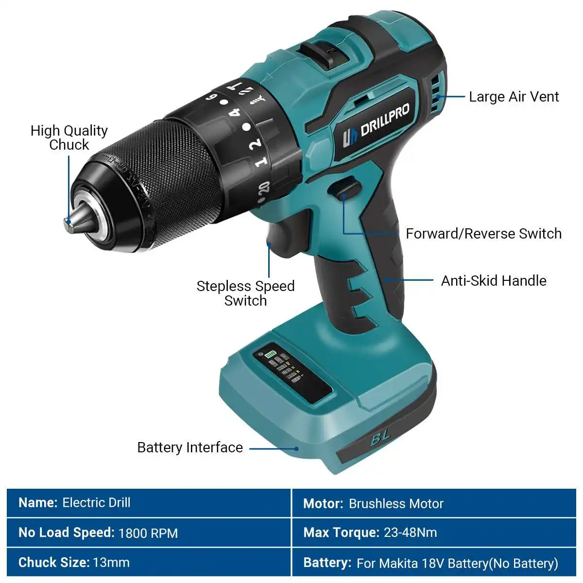 Drillpro 13mm Brushless Impact Drill Electric Drill 20+3 Torque Screwdriver Winter Ice Drill Power Tool for 18V Battery