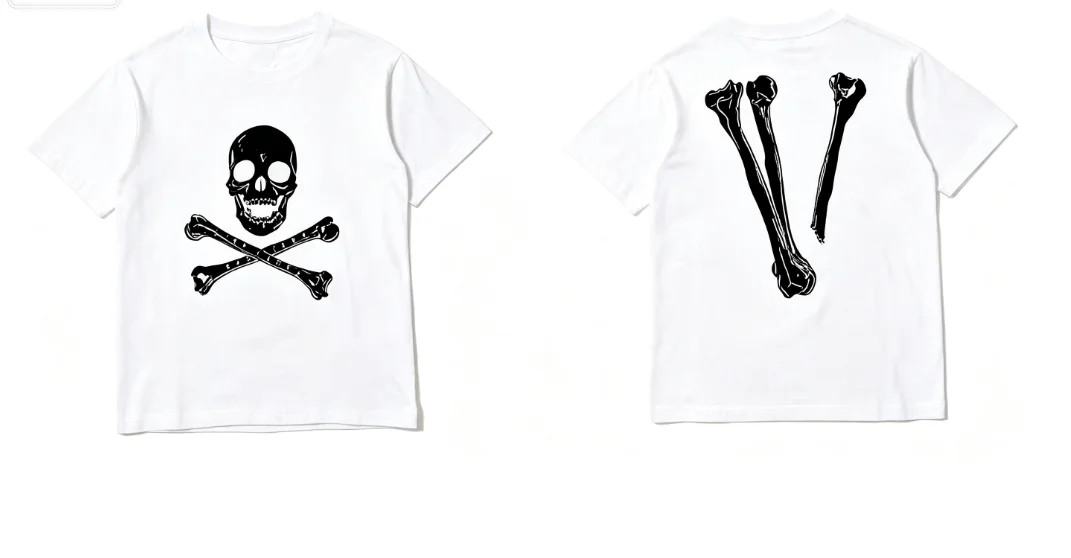 2026 Men Punk Skull Cross‑Bones Graphic T‑Shirt V‑Shape Bone Double‑Sided Print Short Sleeve Crew Neck Streetwear Tees Tops