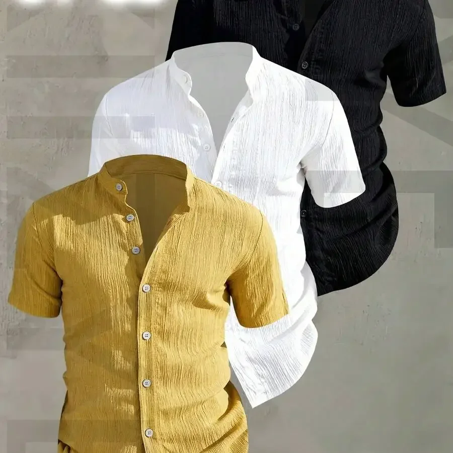 

3pcs Mens Summer Short Sleeve Button-Up Shirt With Stand Collar Casual Lightweight Breathable Solid Color