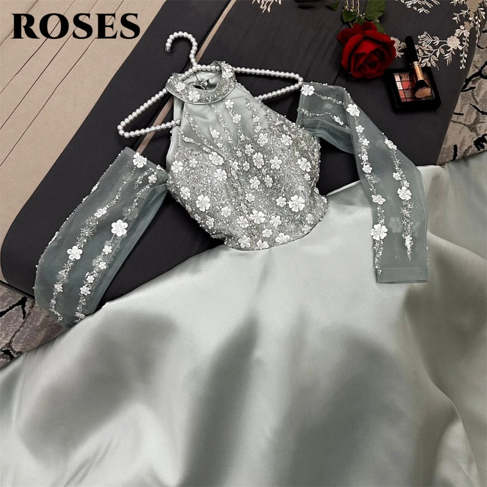 

ROSES Stain Party Dress Вечерние платья с лямкой на шее и прозрачными рукавами فساتين السهرة с блестками 3D цветочным принтом по индивидуальному заказу