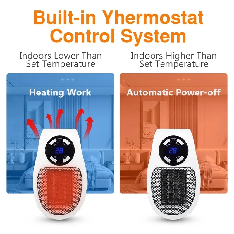 Portátil plug in parede aquecedor elétrico, quarto aquecimento fogão, poderoso ventilador quente, controle remoto, aquecedor para casa, doméstico