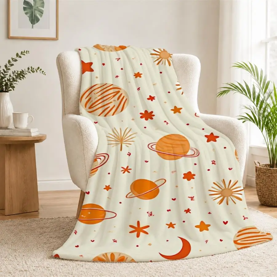 Celestial Cream & Orange Flannel Throw Blanket - Soft Hand-Drawn Planets, Moons & Stars Suitable for All- Cozy Pale Beige Bedspread, Lap Blanket for Couch, Bed, | Machine Washable Weighted Blanket Gift for, 2D Flat