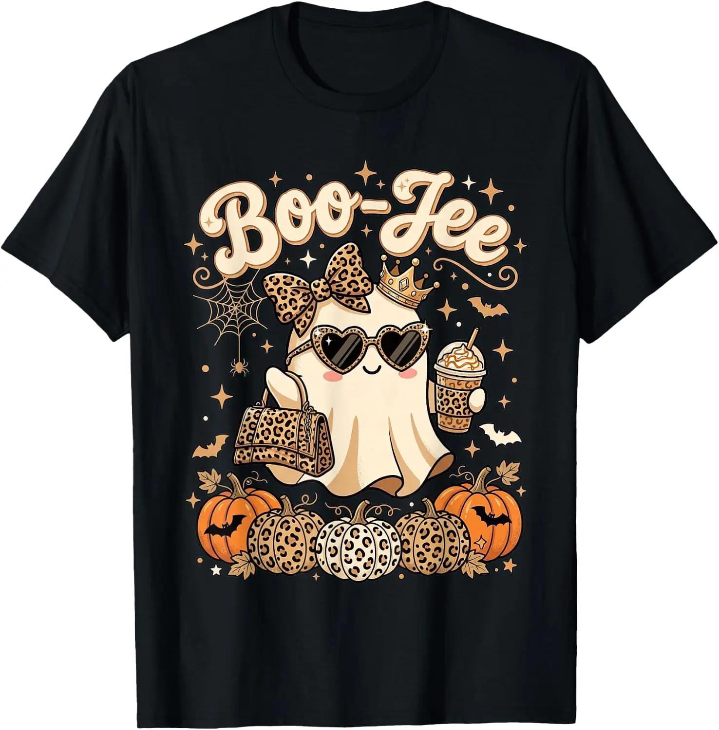 Halloween Boo JEE Ghost Leopard Bow Pumpkin Coffee Boujee T-Shirt Breathable, heavyweight pure cotton short-sleeve top—stylish, plus-size, and suitable for year-round wear with a sporty, casual vibe